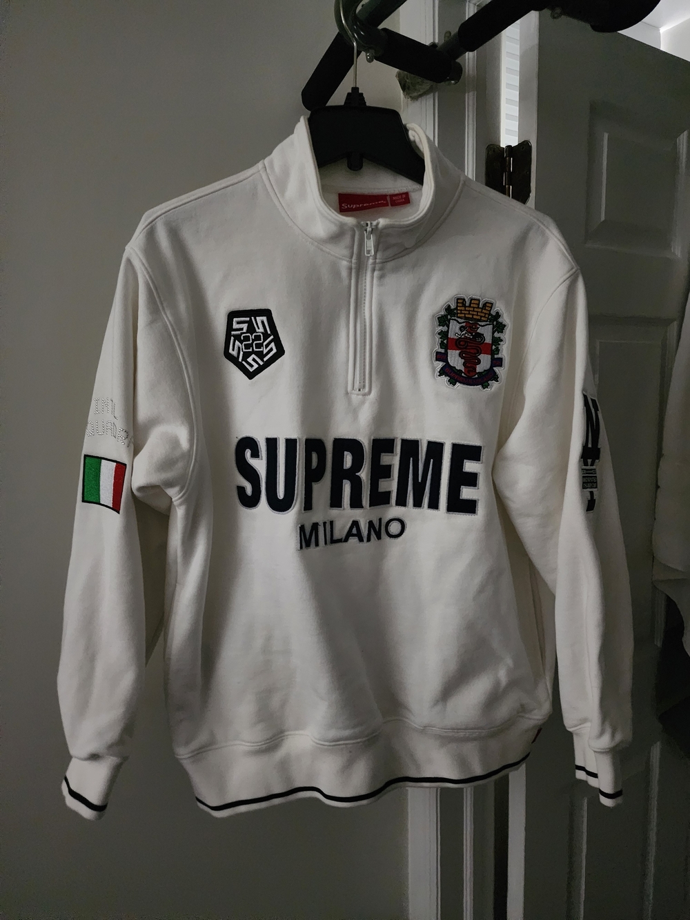 Supreme White Milano Embroidered Half-Zip Sweatshirt. M-L
